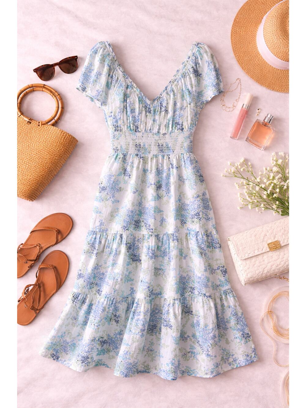 Abercrombie & Fitch Women's Blue Floral Smocked Puff Sleeve Midi Dress Size LT - Picture 1 of 11